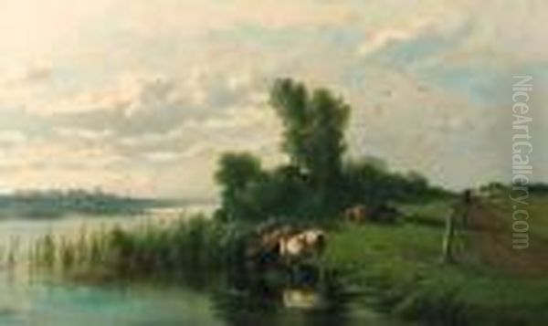 A Polder Landscape With Watering Cows Oil Painting by Cornelis I Westerbeek