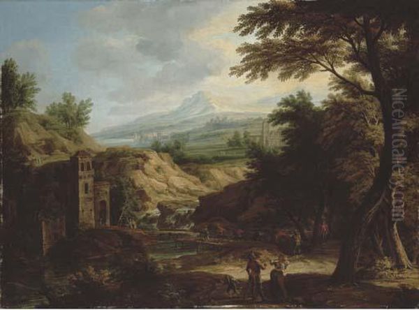 An Italianate Extensive River Landscape With Travellers On A Path By A Fortified Tower Oil Painting by Jakob Christoph Weyermann