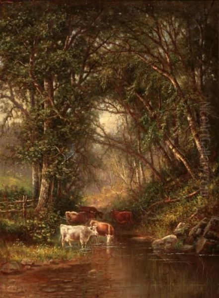 Woodland River Landscape With Cows Oil Painting by Max Weyl