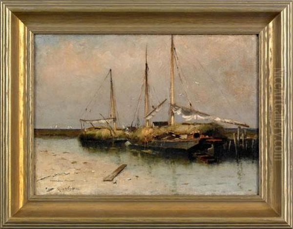 Coastal Scene With Ships At A Dock Oil Painting by Max Weyl