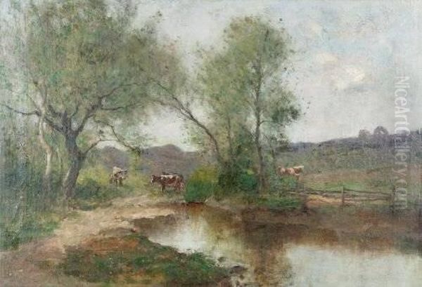 Cows Along Stream Oil Painting by Max Weyl