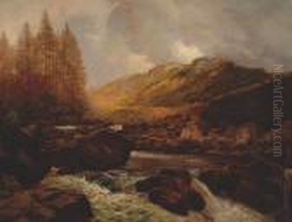 A Highland River With Waterfall In The Foreground Oil Painting by James Whaite