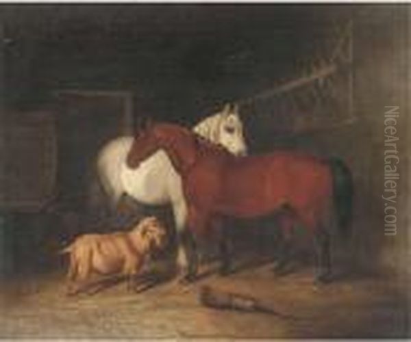 Two Horses And A Goat In A Stable Oil Painting by John Arnold Wheeler