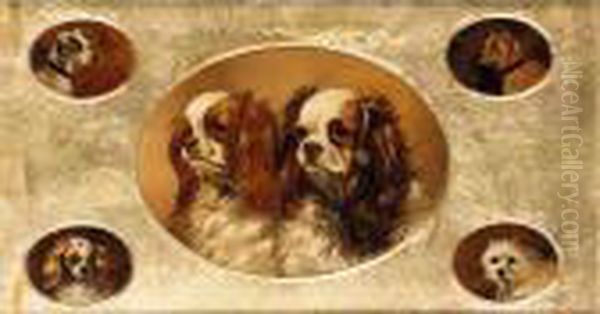 A Jack Russell; A Terrier; A Spaniel; A West Highland Terrier; Two King Charles Spaniels Oil Painting by John Arnold Wheeler