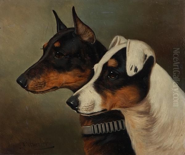 Head Studies Of Two Terriers Oil Painting by John Arnold Wheeler