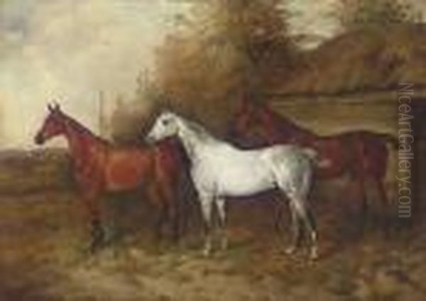 Three Hunters Outside A Stall Oil Painting by Of John Alfred Wheeler