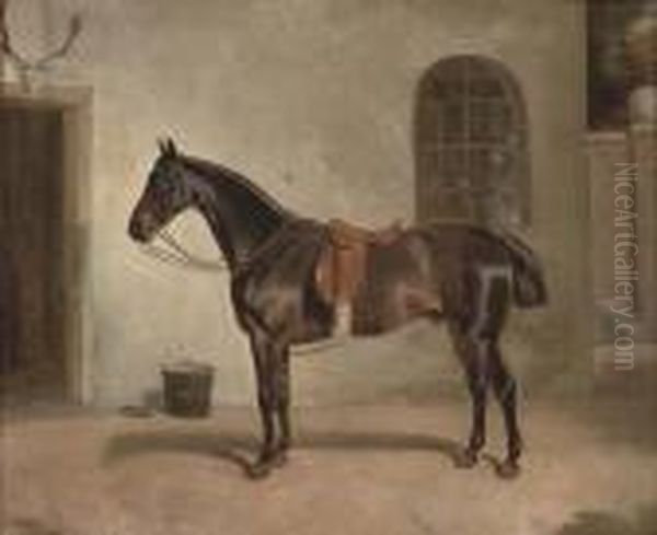 A Saddled Chestnut Hunter Outside The Stables Oil Painting by Of John Alfred Wheeler