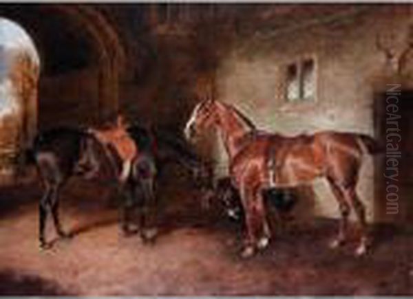 Two Horses In Stable Oil Painting by Of John Alfred Wheeler