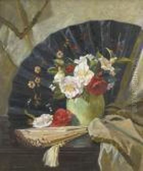 The Black Fan With Camellias Oil Painting by George Whinnen