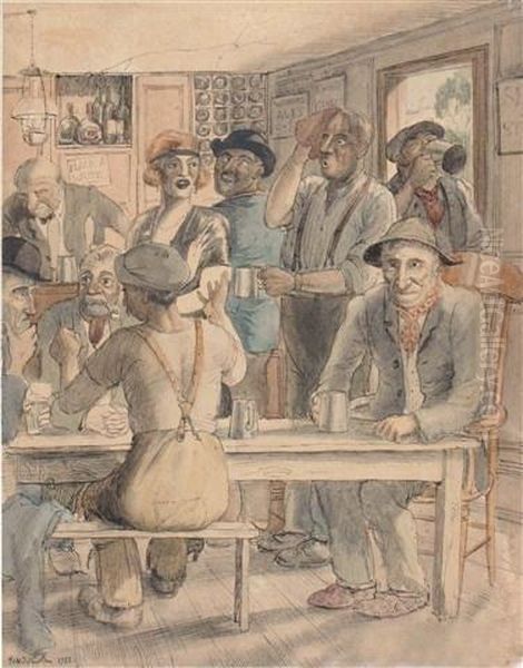 Birthday Card Design Of Figures Drinking In A Tavern Oil Painting by Rex John Whistler