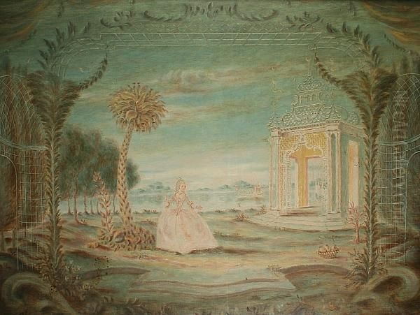 Exotic Garden Landscape, With 
Lady In Elegant 18th Century Style Costume Stood Before A Gazebo And 
Palm Tree, With Lake And Hills Visible Beyond Oil Painting by Rex John Whistler