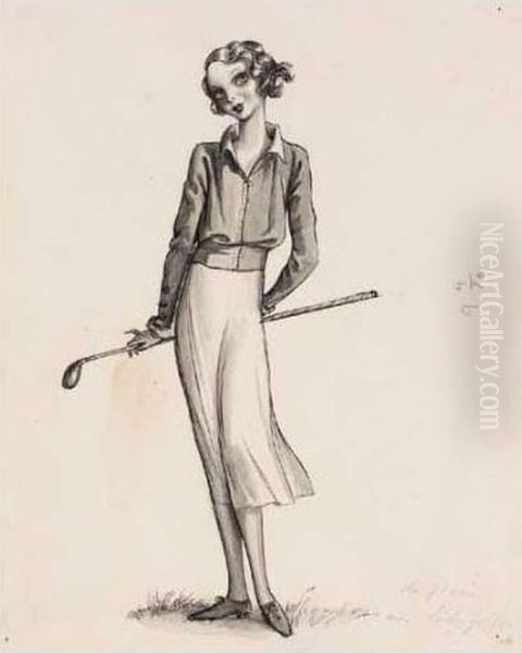 The Plain Lady Golfer Oil Painting by Rex John Whistler