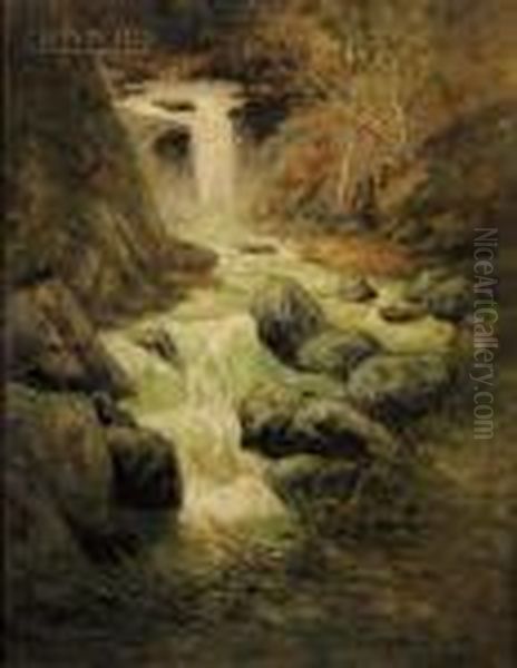 Woodland Cascade, Early Autumn Oil Painting by George William Whitaker