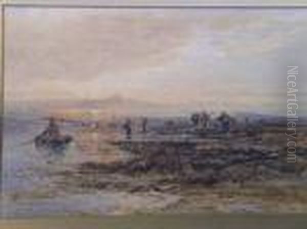 Crabcatchers On A Beach Oil Painting by George William Whitaker