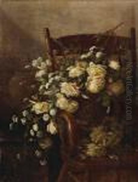 Basket Of Cut Roses On A Chair Oil Painting by Edith White