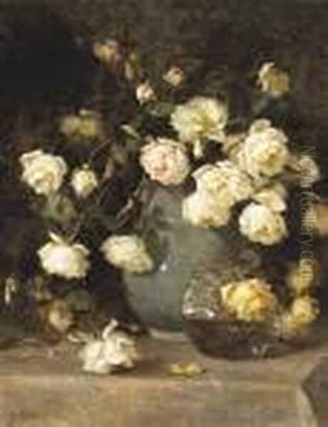 White Roses And Glass Vases Oil Painting by Edith White