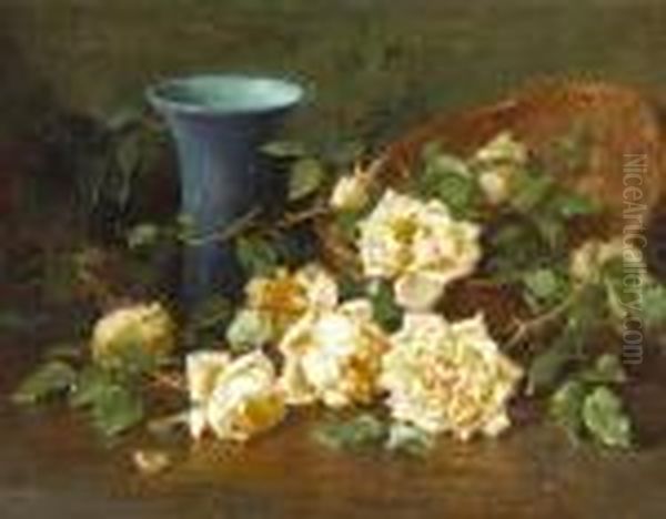 A Basket Of Yellow Roses And A Blue Vase Oil Painting by Edith White