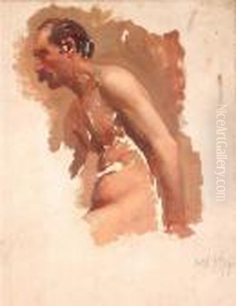 Half Length Study Of A Seated Male Nude Oil Painting by John William Whiteley