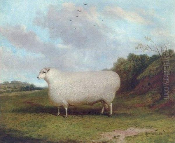 A Prize Cotswold Ram In A Landscape Oil Painting by Richard Whitford