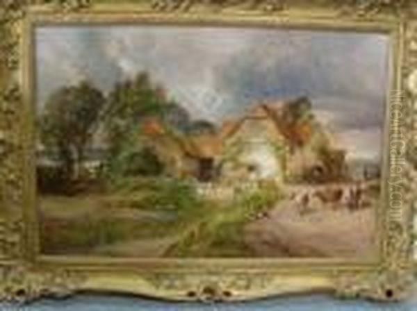 A Rustic Landscape With Cattle By A Cottage Oil Painting by Thomas Whittle