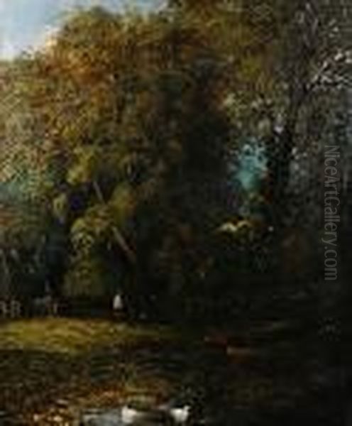 A Figure By A Stream In A Woodland Oil Painting by Thomas Whittle