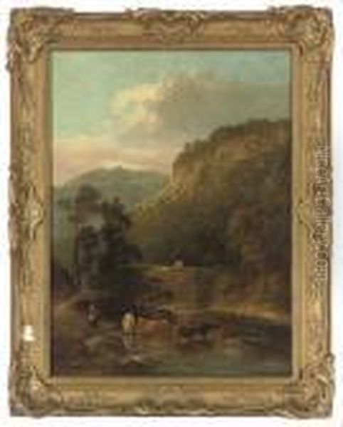 Cattle Watering By A Bridge Oil Painting by Thomas Whittle