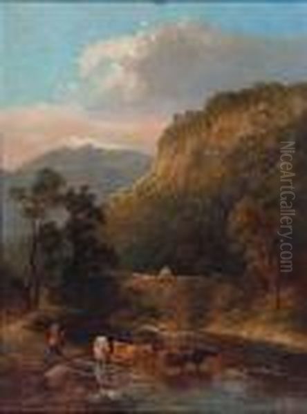 A Country Scene With Stone Bridge And Cattle Oil Painting by Thomas Whittle