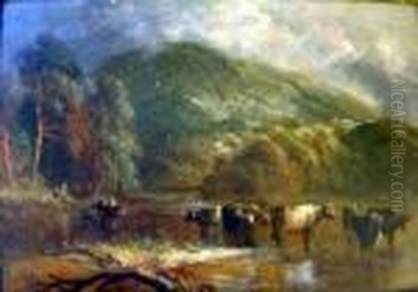 Cattle Watering In A Mountain Lake Oil Painting by Thomas Whittle