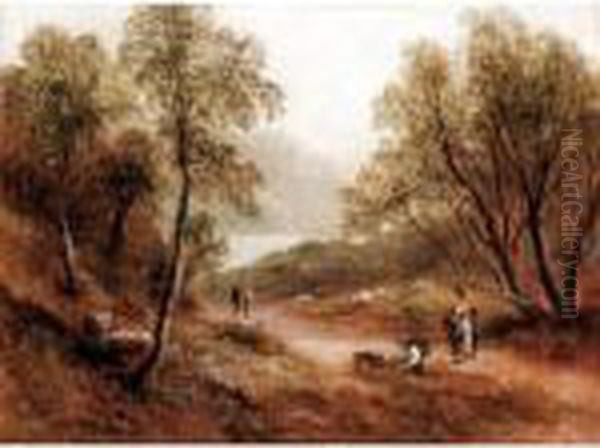 Figures And Sheep In A Wooded Landscape Oil Painting by Thomas Whittle