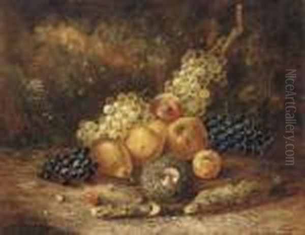 Grapes, Pears, Apples, A Peach And A Bird's Nest With Eggs, On A Mossy Bank Oil Painting by Thomas Whittle