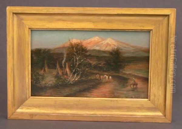 American Indian Encampment Scene Oil Painting by Thomas Worthington Whittredge