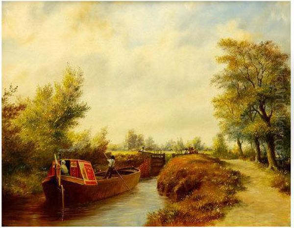 Barge On A Canal Entering Lock. Oil Painting by Thomas Worthington Whittredge