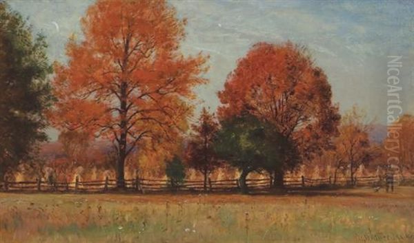 Hunter And His Dog In An Autumn Landscape Oil Painting by Thomas Worthington Whittredge