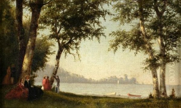 Figures Beside A Lake Oil Painting by Thomas Worthington Whittredge