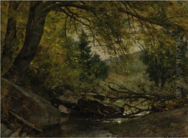 Stream In A Wooded Interior Oil Painting by Thomas Worthington Whittredge