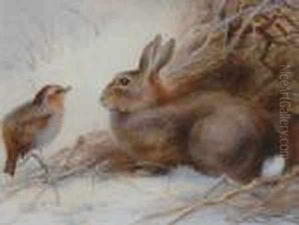 A Rabbit And A Robin. Oil Painting by Charles Whymper