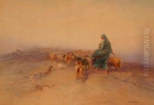 Egyptian Shepherdess With Her Flock Oil Painting by Charles Whymper