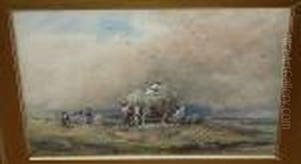 Gathering The Hay, Signed And 
Dated 'j.w. Whymper 1877', Watercolour Heightened With White And 
Bodycolour Oil Painting by Josiah Wood Whymper