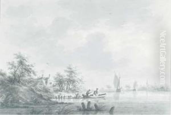 The Village Of Hael On The River Waal, With Boatmen At A Landingstation Oil Painting by Nicolaes Wicart