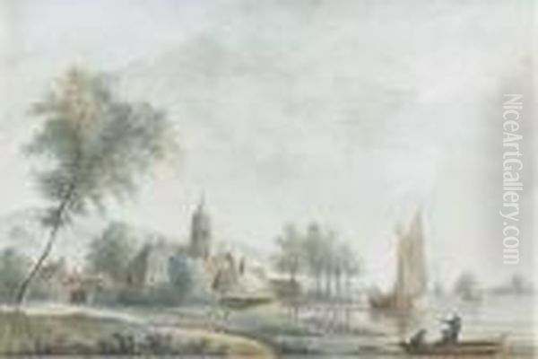 An Extensive Landscape With A Church On The Banks Of A Broadriver Oil Painting by Nicolaes Wicart