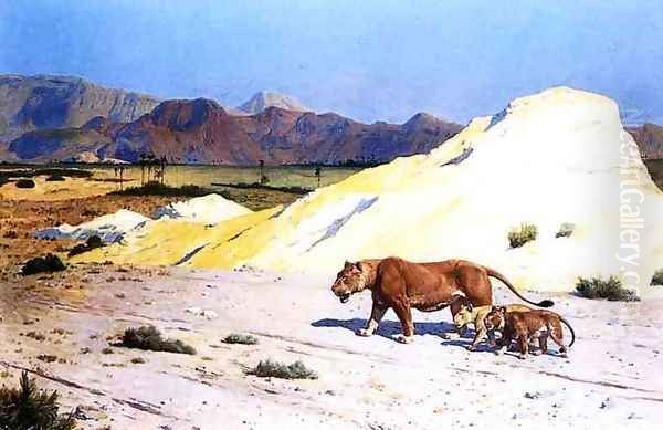 Lioness and Her Cubs Oil Painting by Jean-Leon Gerome