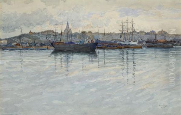 Harbor Scene Oil Painting by Gunnar M. Widforss