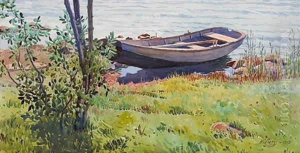 A Boat Along The Riverside Oil Painting by Gunnar M. Widforss