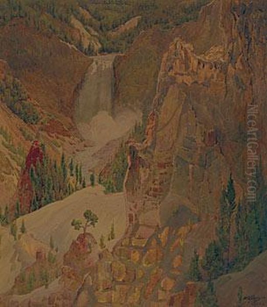 Yellowstone Waterfall Oil Painting by Gunnar M. Widforss