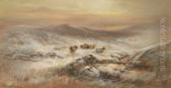 Snowy Moorland Landscape Withcattle Oil Painting by William Widgery