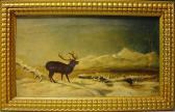 Hirsch In Mit Schnee Bedeckter Landschaft An Einem See Oil Painting by William Widgery