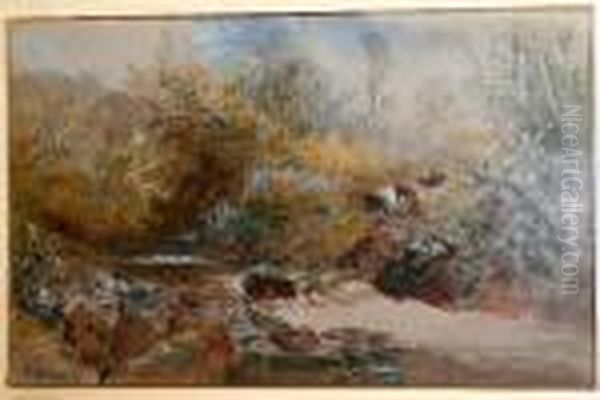 Rocky Stream With Figure And Cattle On The Bank Oil Painting by William Widgery