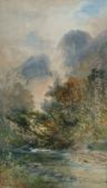 River Beneath Hills Oil Painting by William Widgery