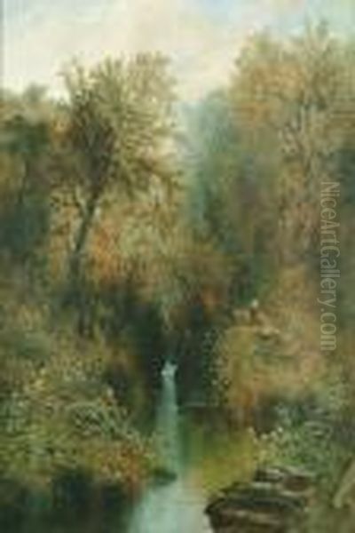 A Stream Through A Wooded Landscape Oil Painting by William Widgery