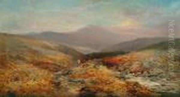 A Moorland Stream With Cattle And Cowherd Oil Painting by William Widgery